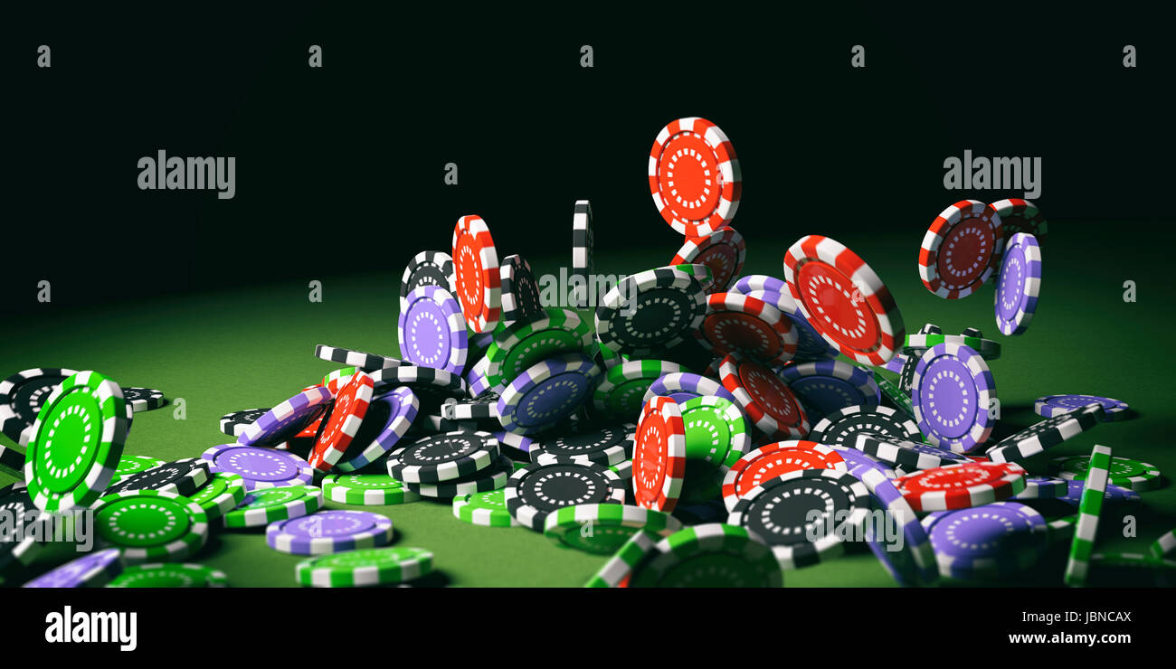Colorful poker chips falling on green felt background. 3d illustration