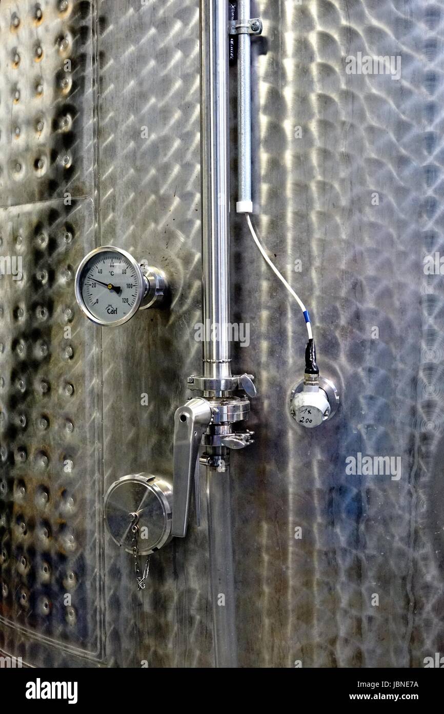 Controls and guages on a distillation tank, TOPO distillery, Chapel Hill, North Carolina Stock Photo