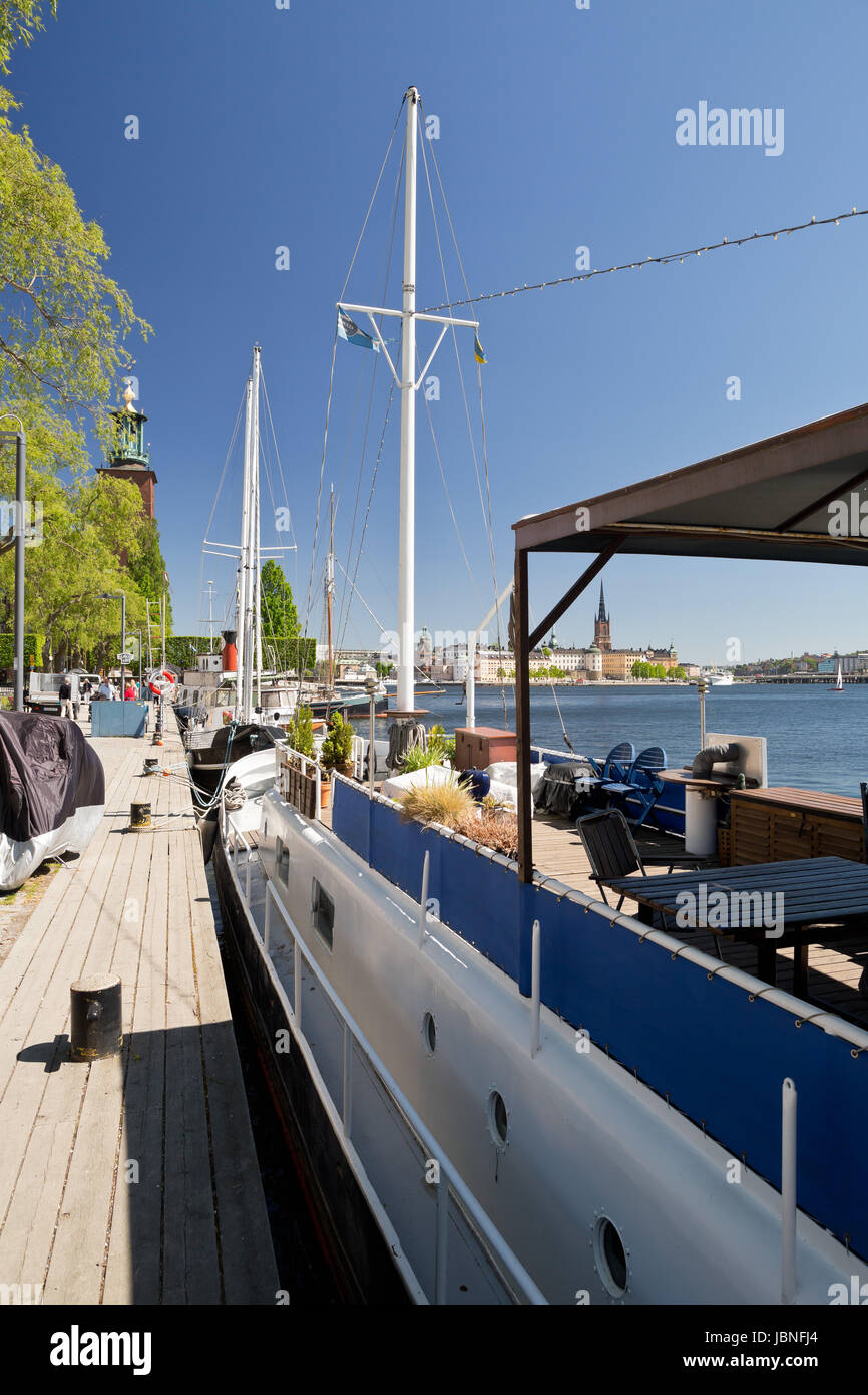 Stockholm, Sweden Boats at Norr Mälarstrand, Kungsholmen Stock Photo