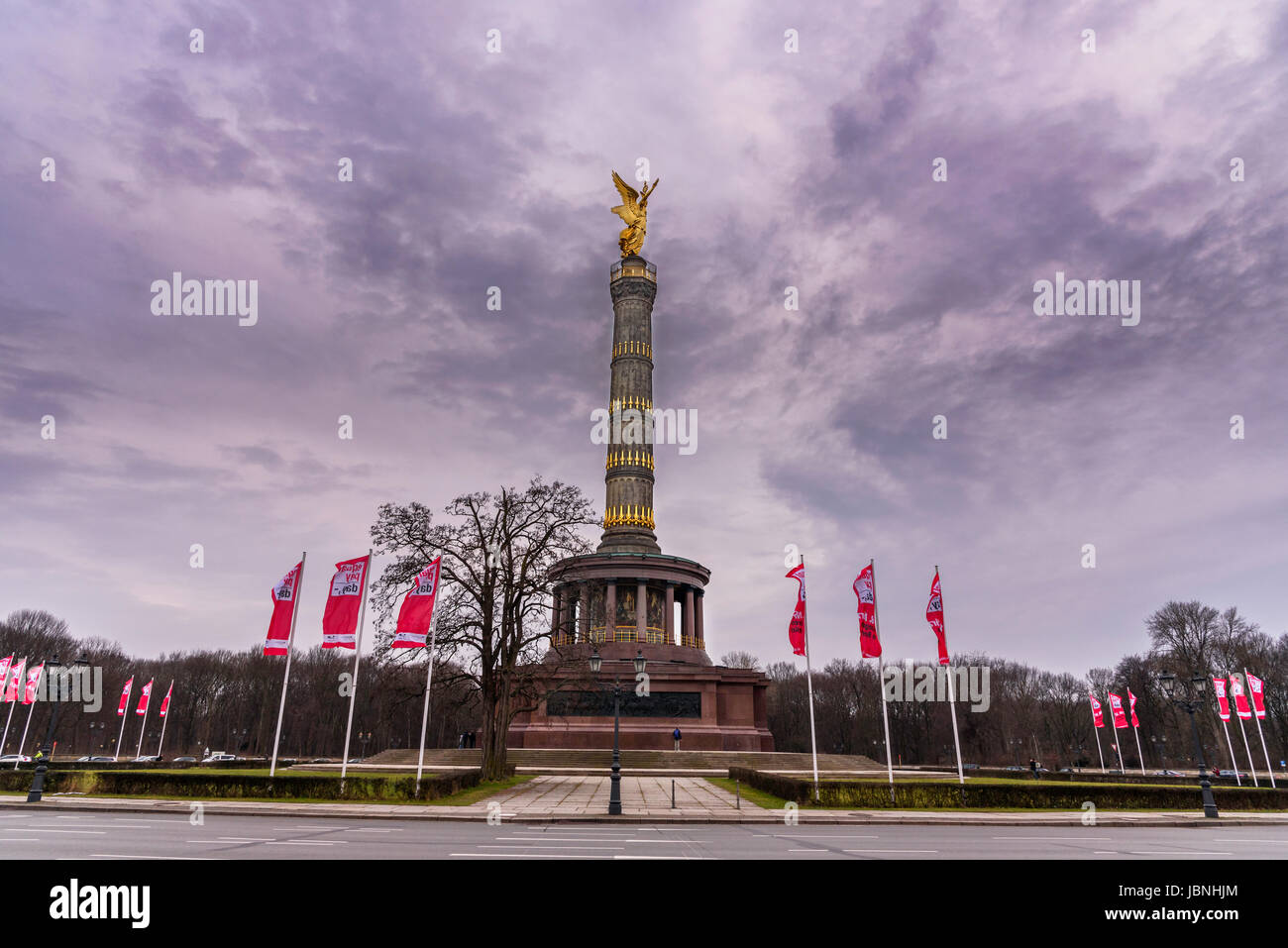 The statue of Victoria on the Victory Column (Siegessäule) at the Großer Stern intersection in Berlin. Stock Photo