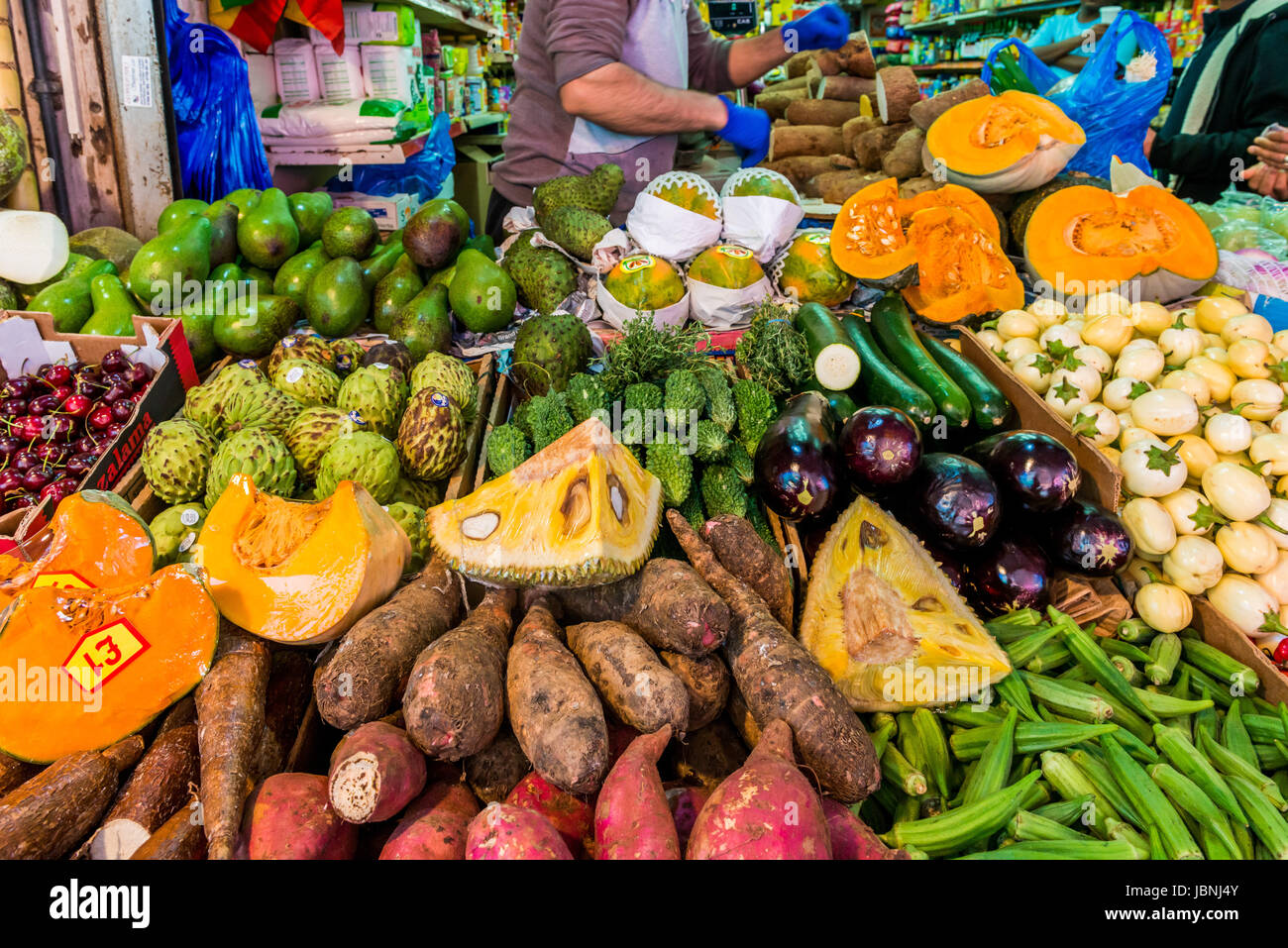 London, United Kingdom - June 10, 2017: Brixton Market - Colorful and multicultural community market run by local traders in South London. Fruits and  Stock Photo