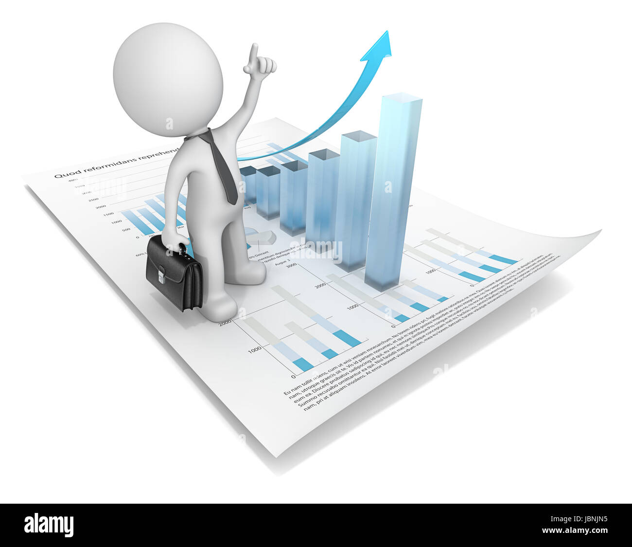 Dude 3D character pointing up on financial document with 3d graph of frosted glass. 3d Render. Stock Photo