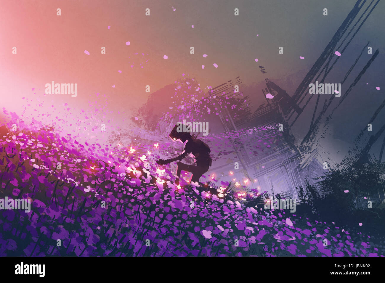 the robot sitting on purple field playing with glowing butterflies, digital art style, illustration painting Stock Photo