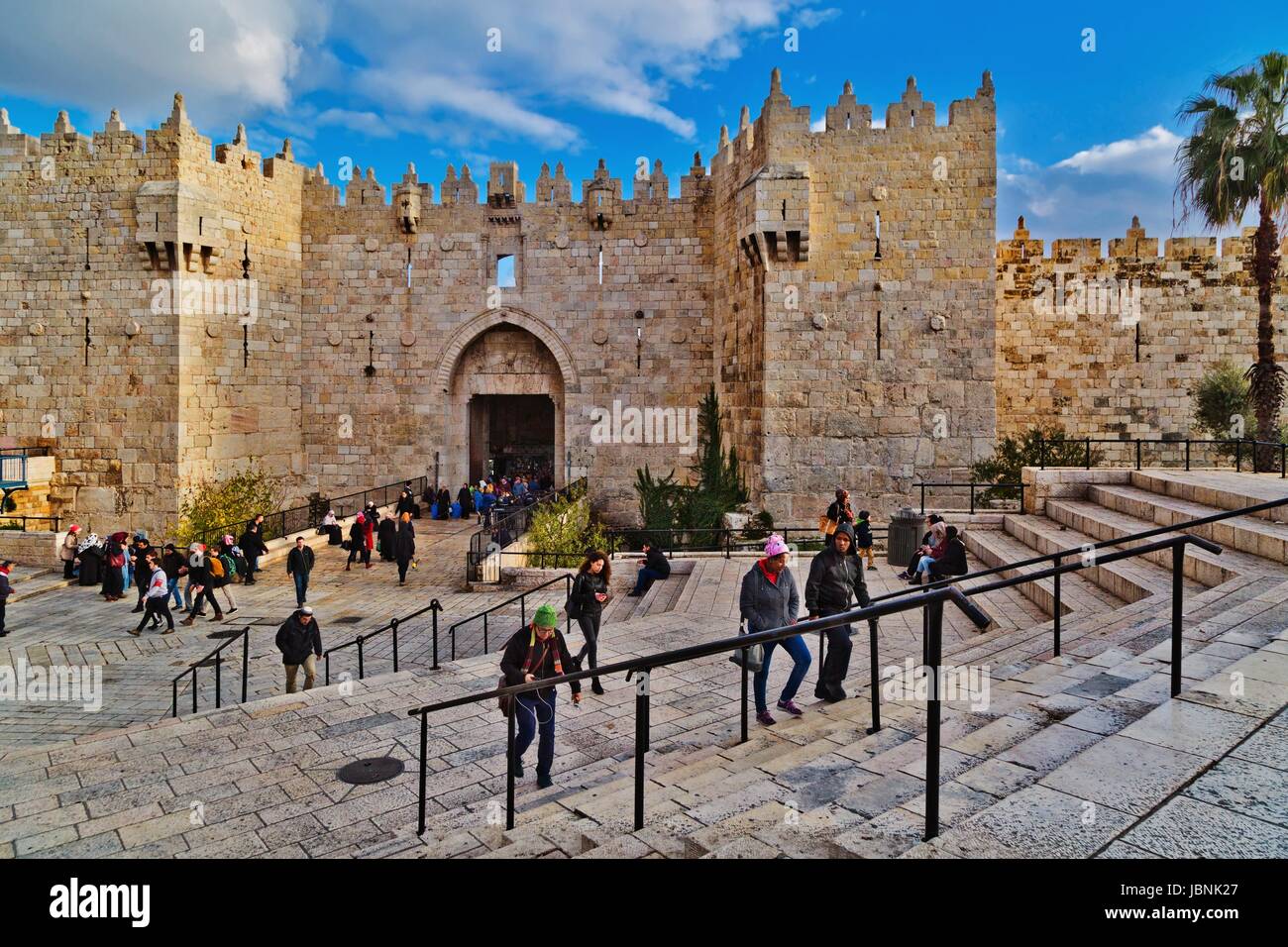 JERUSALEM, ISRAEL - DECEMBER 29, 2016: Damascus gate, nord entrance in old part of Jerusalem. Gate was built in 1537 by Suleiman the Magnificent with  Stock Photo