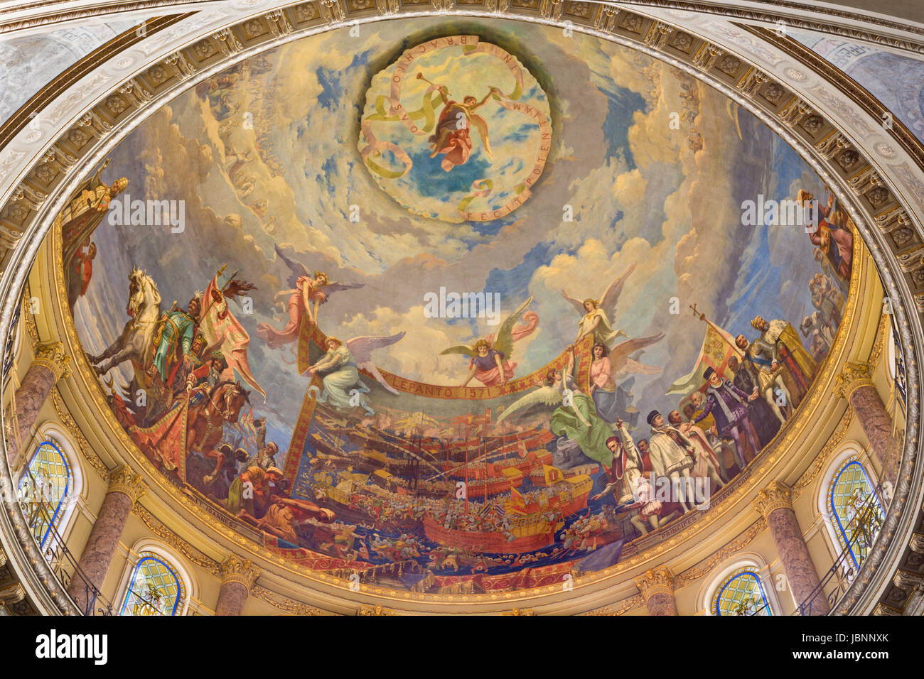 TURIN, ITALY - MARCH 15, 2017: The cupola with the fresco of Battle of Lepanto in 1571 in and Mary Help of Christians - Basilica Ausilatrice Stock Photo