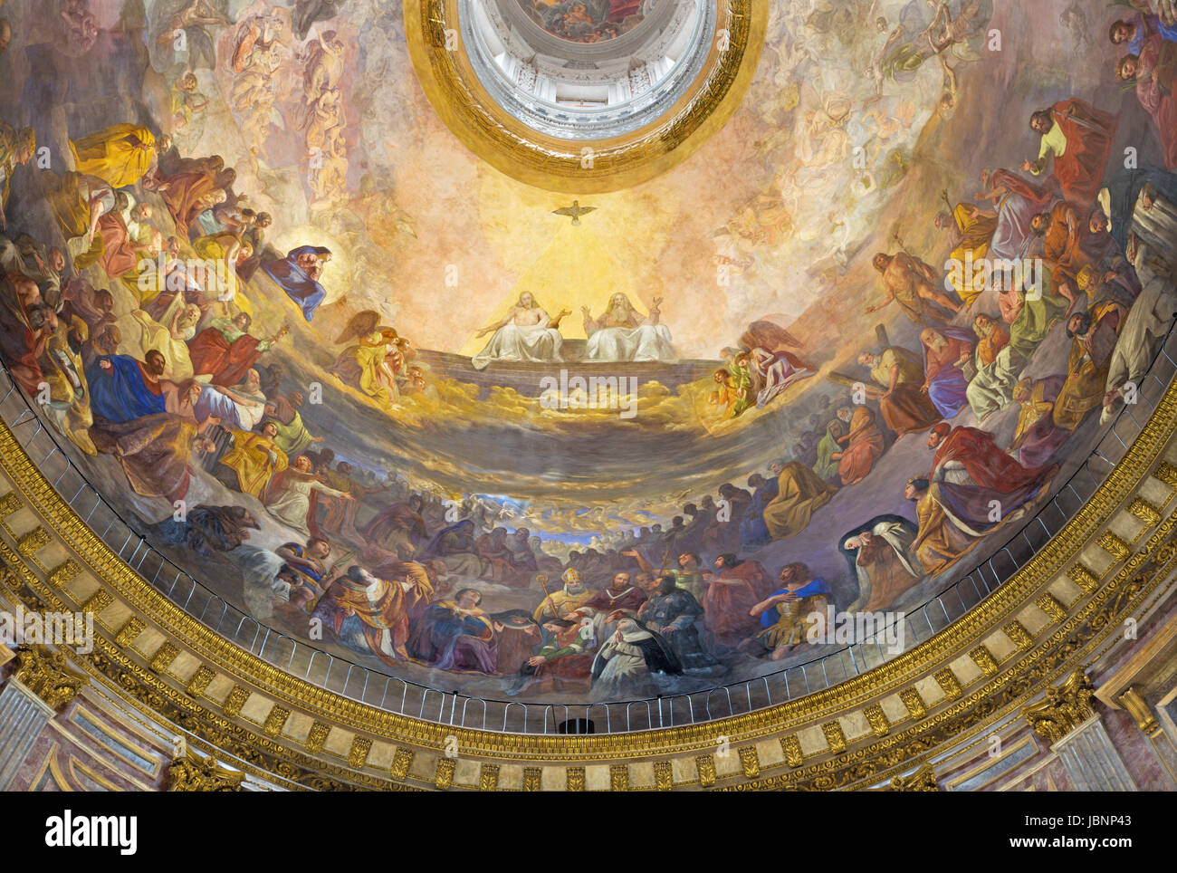 TURIN, ITALY - MARCH 15, 2017: The fresco of Holy Trinity in the Glory in cupola of church Chiesa della Santissima Trinita Stock Photo