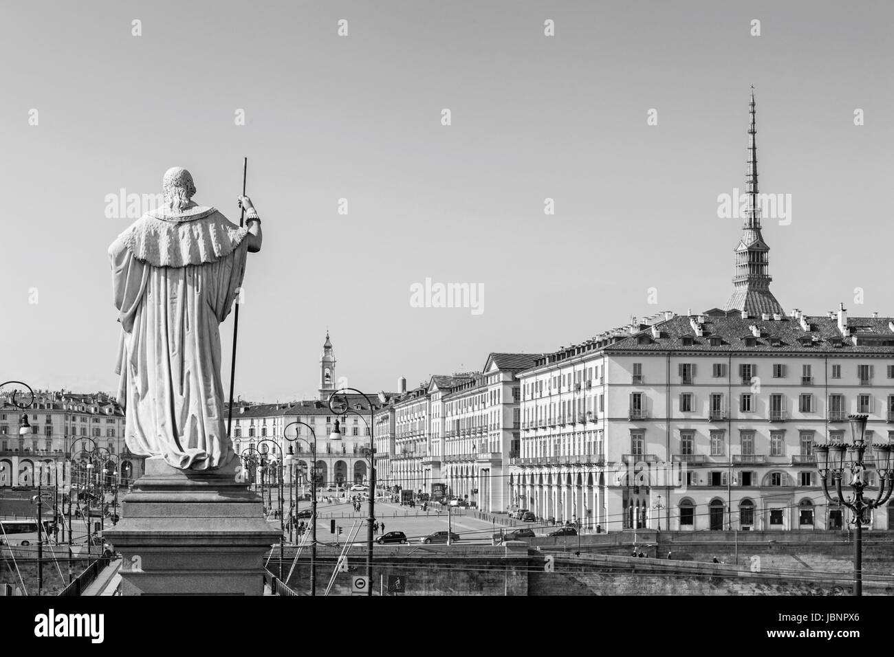Turin - The look from church Chiesa della San Madre di Dio across the bridge Vittorio Emaneule I and square Piazza Vittorio Veneto. Stock Photo
