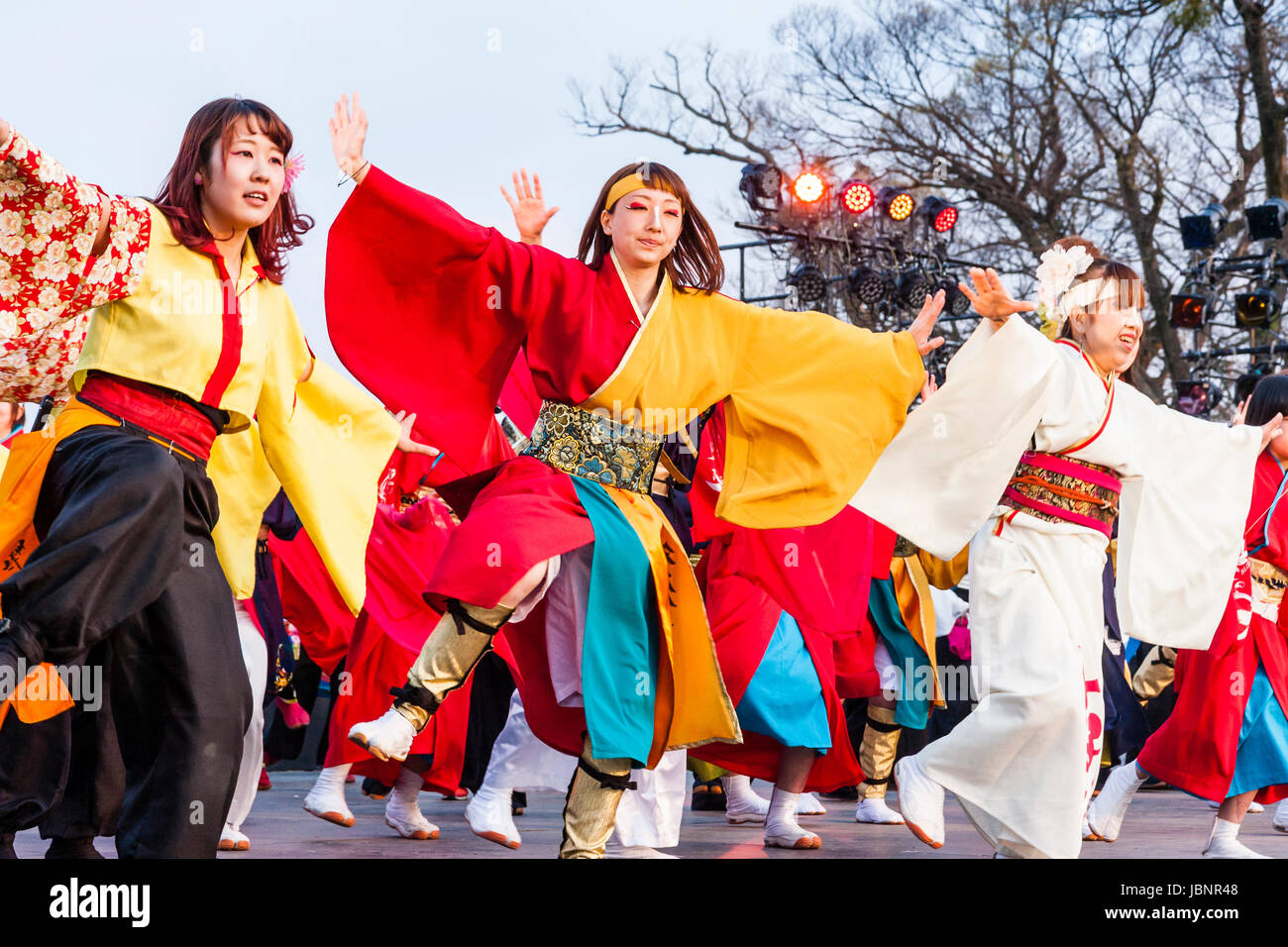 Hinokuni Yosakoi Dance Festival at Kumamoto, Japan. Members of various dance teams dancing together on stage for the grand finale of the two day event. Stock Photo