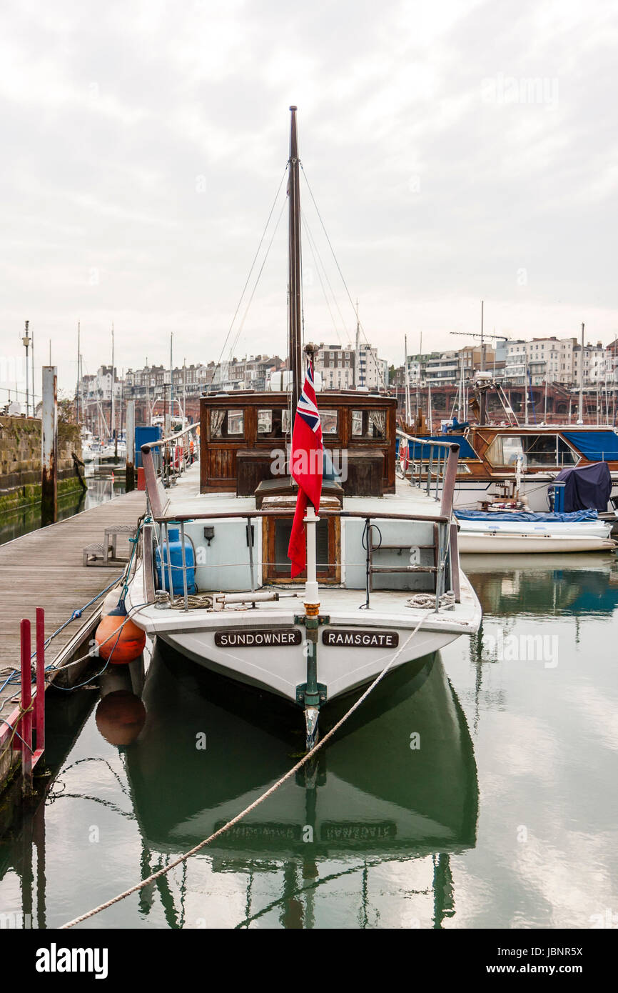 The Sundowner moored at the inner basin, Ramsgate harbour. One of the original Dunkirk Little ships, once owned by Charles Lightoller. Stock Photo