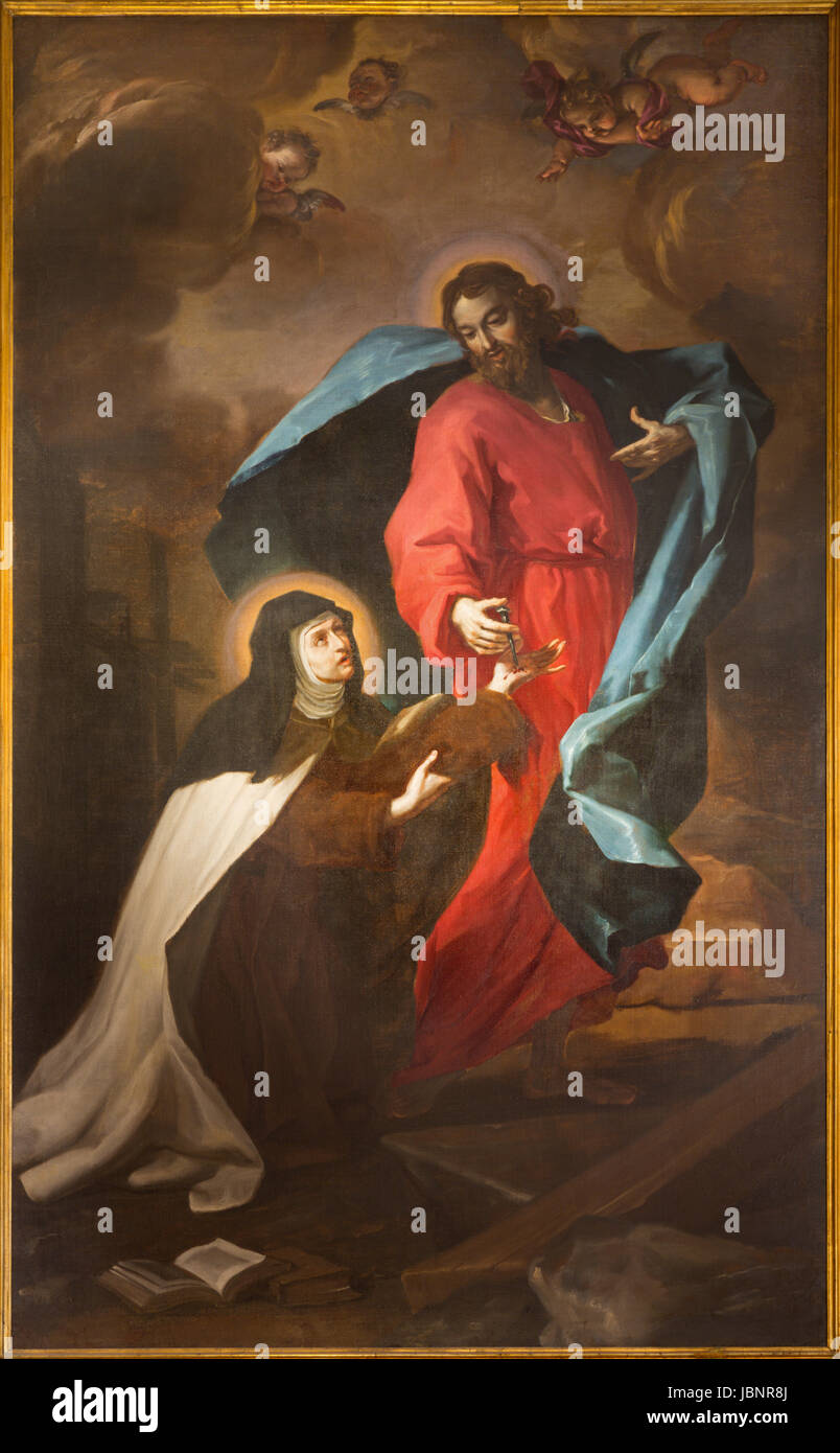 TURIN, ITALY - MARCH 13, 2017: The painting of Stigmatization of St. Theresia of Avila in church Chiesa di Santa Teresa by Bartolomeo Garavoglia from  Stock Photo