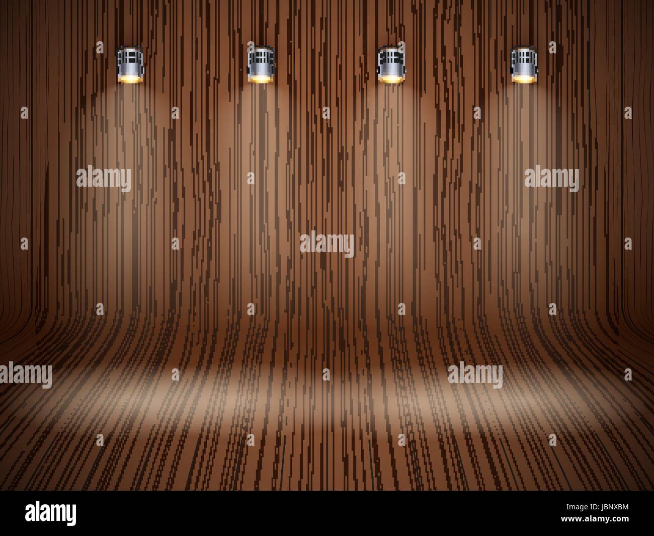 Curved wooden background with spotlights Stock Vector