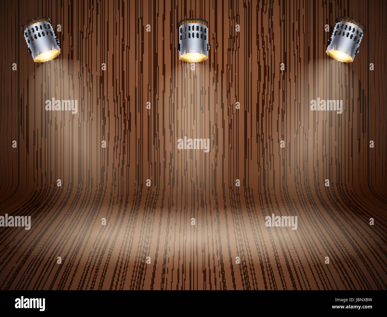 Curved wooden background with spotlights Stock Vector