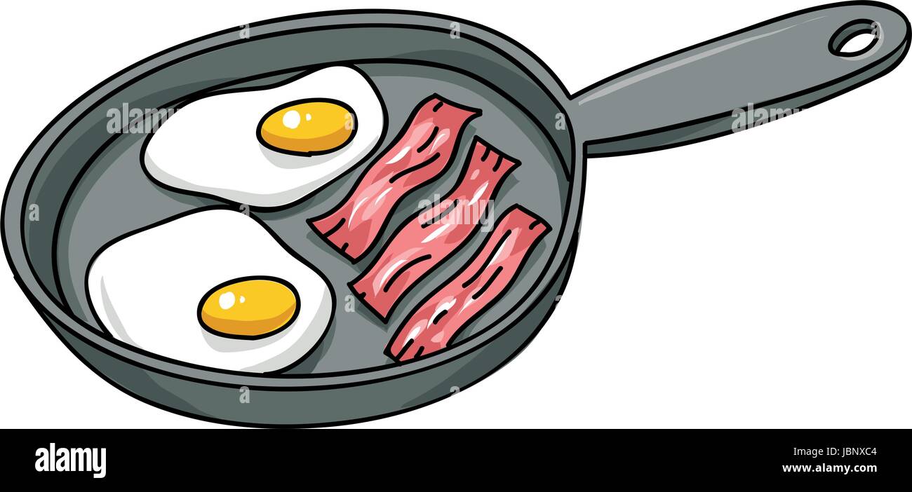 Cartoon bacon and eggs frying in a pan. Stock Vector