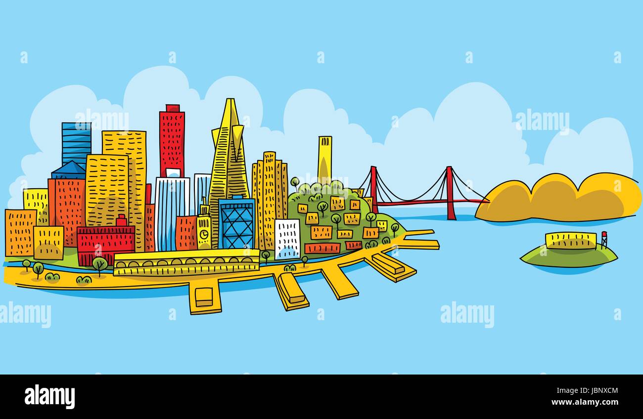 Bright cartoon of the city of San Francisco, California, USA. Stock Vector