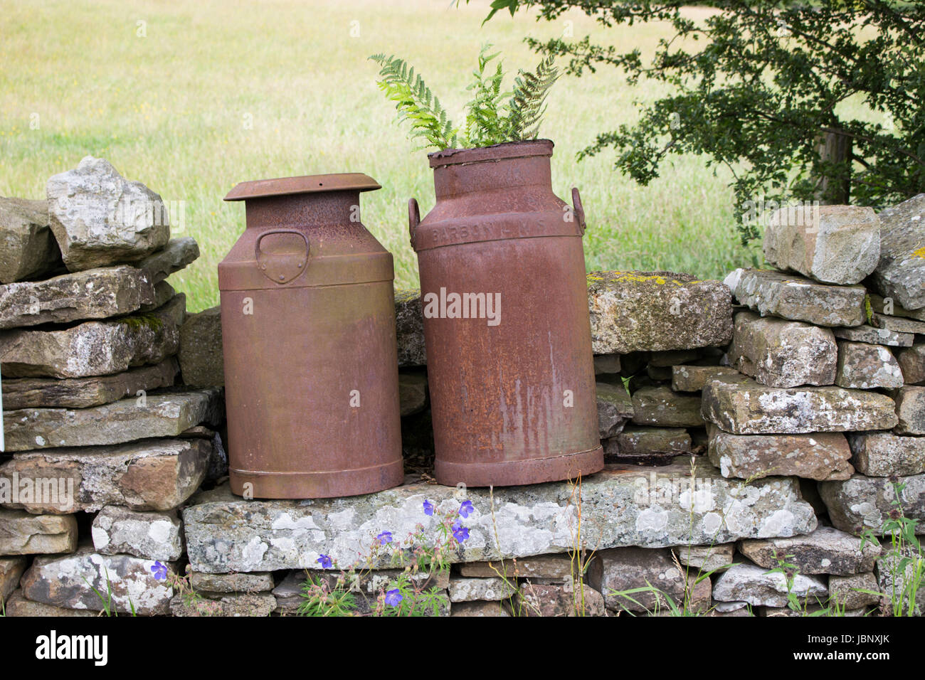 Two rusty old milk churns Stock Photo