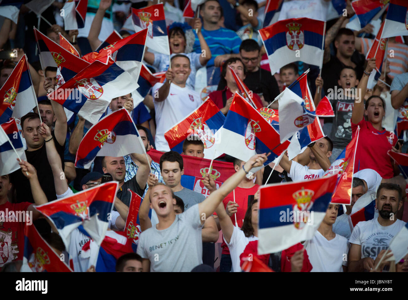 BELGRADE, SERBIA - JUNE 11, 2017: Serbian fans during the 2018 FIFA World Cup Qualifier match between Serbia and Wales at Rajko Mitic Stadium on June  Stock Photo