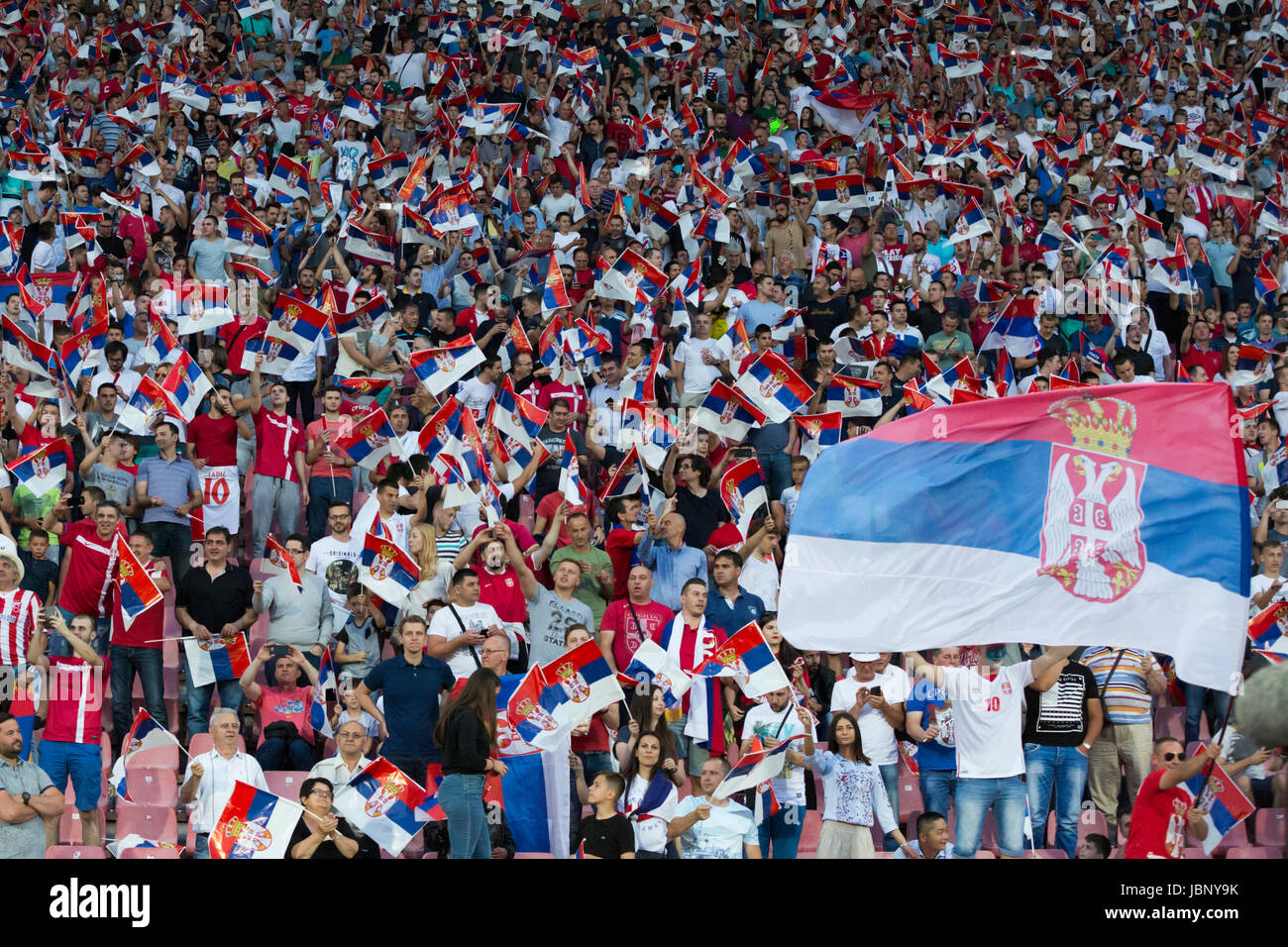 BELGRADE, SERBIA - JUNE 11, 2017: Serbian fans during the 2018 FIFA World Cup Qualifier match between Serbia and Wales at Rajko Mitic Stadium on June  Stock Photo