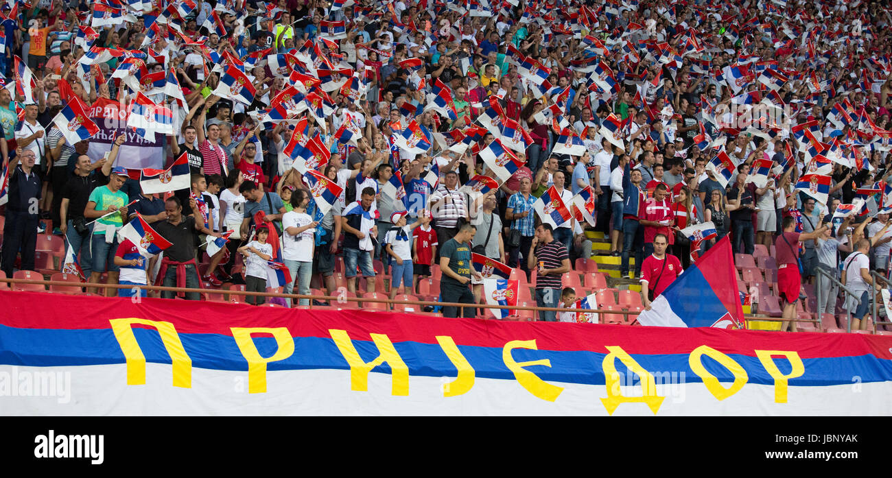 BELGRADE, SERBIA - JUNE 11, 2017: Serbian fans during the 2018 FIFA World Cup Qualifier match between Serbia and Wales at Rajko Mitic Stadium on June  Stock Photo