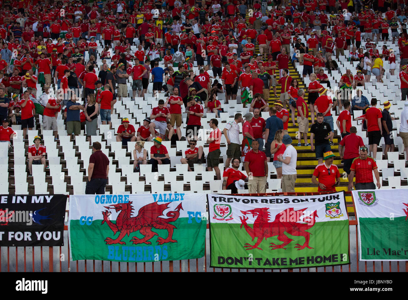 BELGRADE, SERBIA - JUNE 11, 2017: Wales fans during the 2018 FIFA World Cup Qualifier match between Serbia and Wales at Rajko Mitic Stadium on June 11 Stock Photo