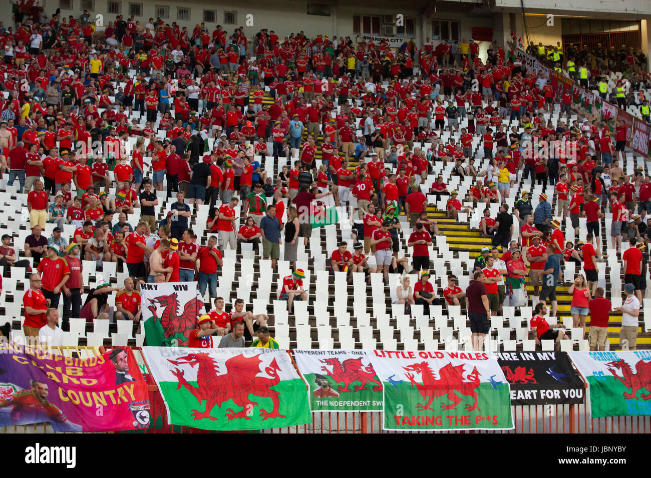 BELGRADE, SERBIA - JUNE 11, 2017: Wales fans during the 2018 FIFA World Cup Qualifier match between Serbia and Wales at Rajko Mitic Stadium on June 11 Stock Photo