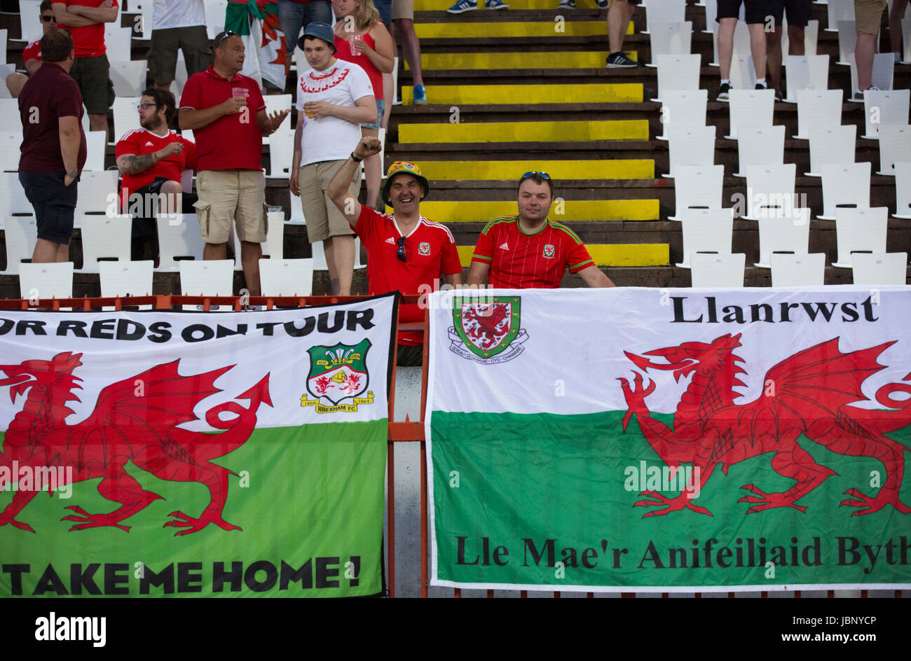BELGRADE, SERBIA - JUNE 11, 2017: Wales fans during the 2018 FIFA World Cup Qualifier match between Serbia and Wales at Rajko Mitic Stadium on June 11 Stock Photo