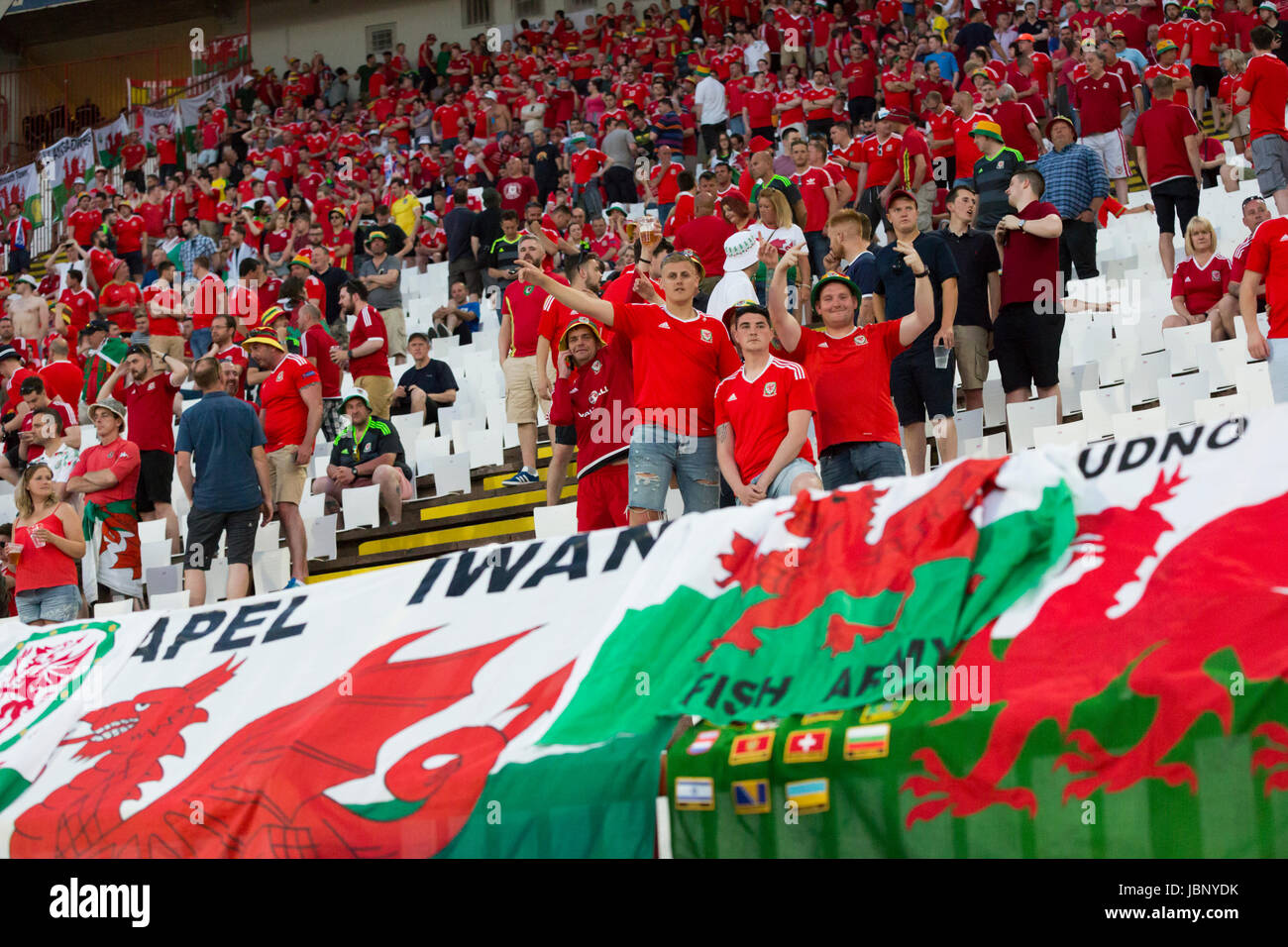 BELGRADE, SERBIA - JUNE 11, 2017: Wales fans during the 2018 FIFA World Cup Qualifier match between Serbia and Wales at Rajko Mitic Stadium on June 11 Stock Photo