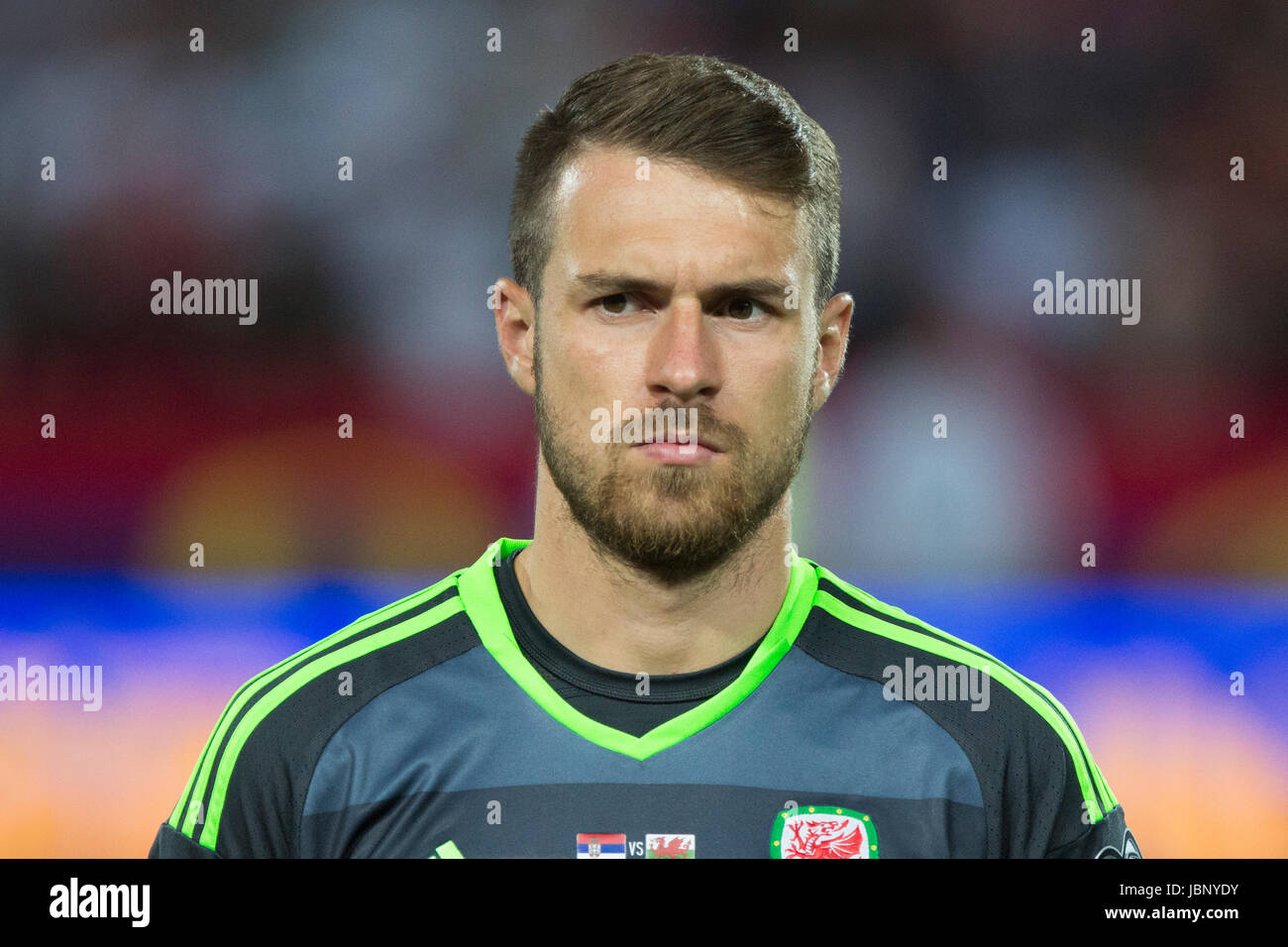 BELGRADE, SERBIA - JUNE 11, 2017: Aaron Ramsey of Wales looks on during the national anthem during the 2018 FIFA World Cup Qualifier match between Ser Stock Photo