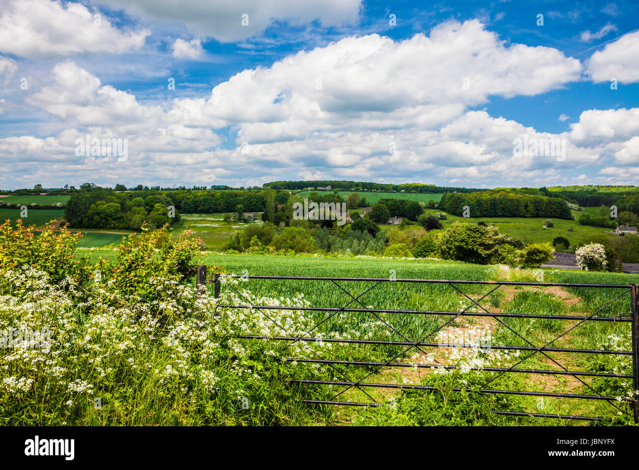 Rolling Cotswold countryside on a sunny day in late spring. Stock Photo