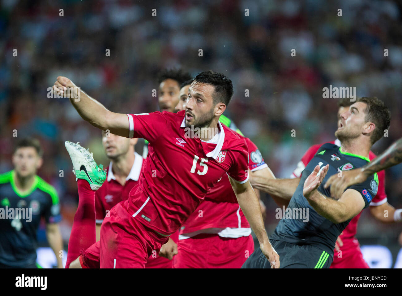 BELGRADE, SERBIA - JUNE 11, 2017: Jagos Vukovic of Serbia in action during the 2018 FIFA World Cup Qualifier match between Serbia and Wales at Rajko M Stock Photo