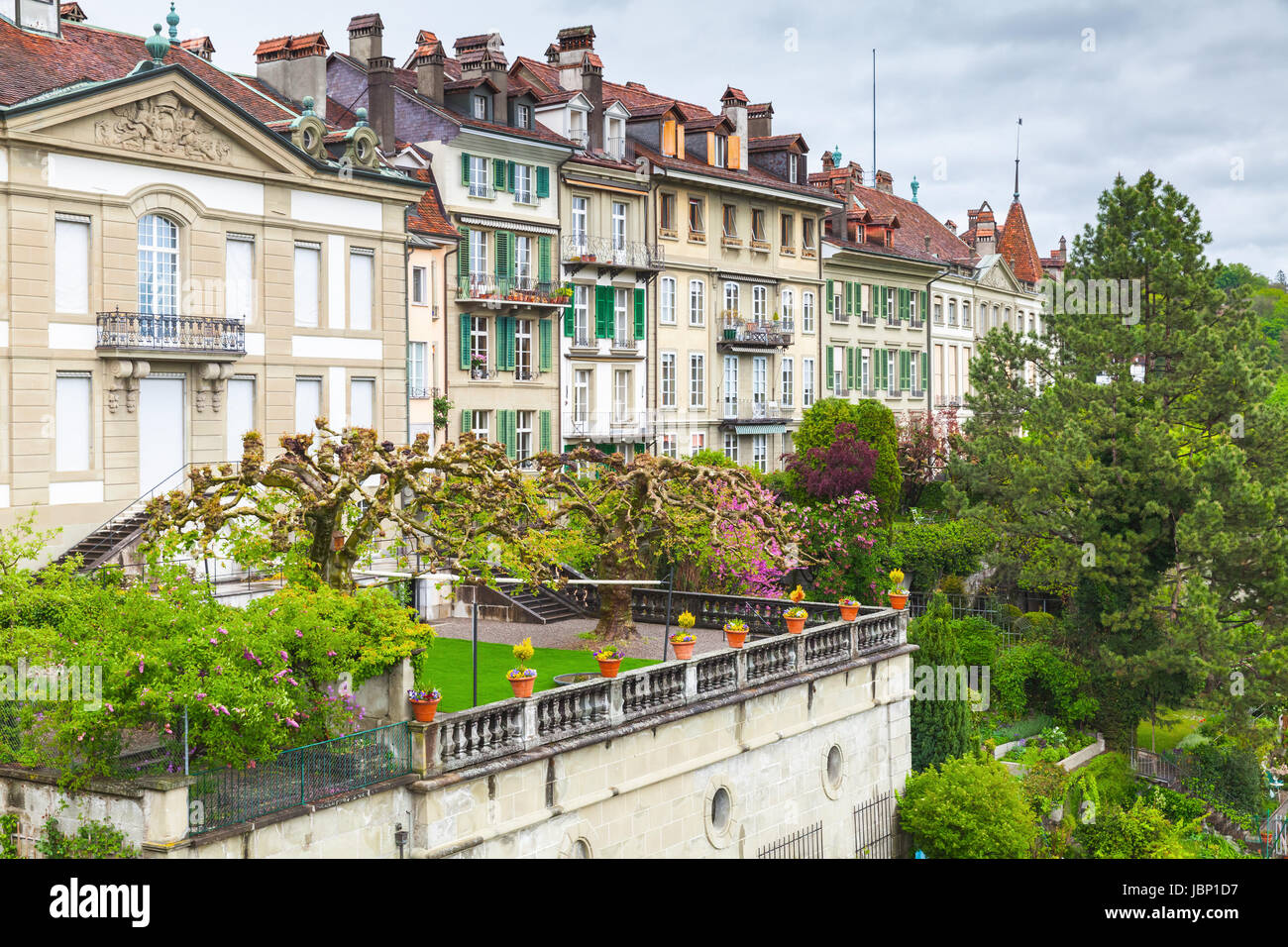 Bern old town, Switzerland. Landscape with old living houses and gardens Stock Photo