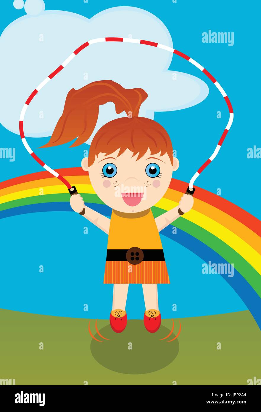 Young Girl Jumping Rope-Young red-headed caucasian girl jumping rope with rainbow background. Stock Vector
