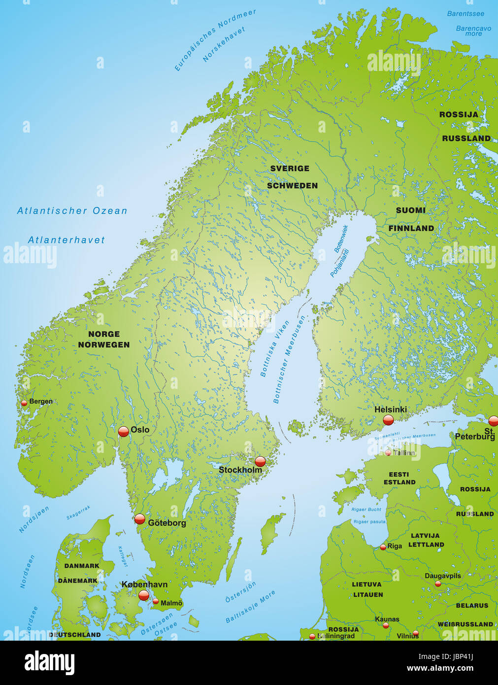 Karte von Skandinavien als Übersichtskarte in Grün Stock Photo