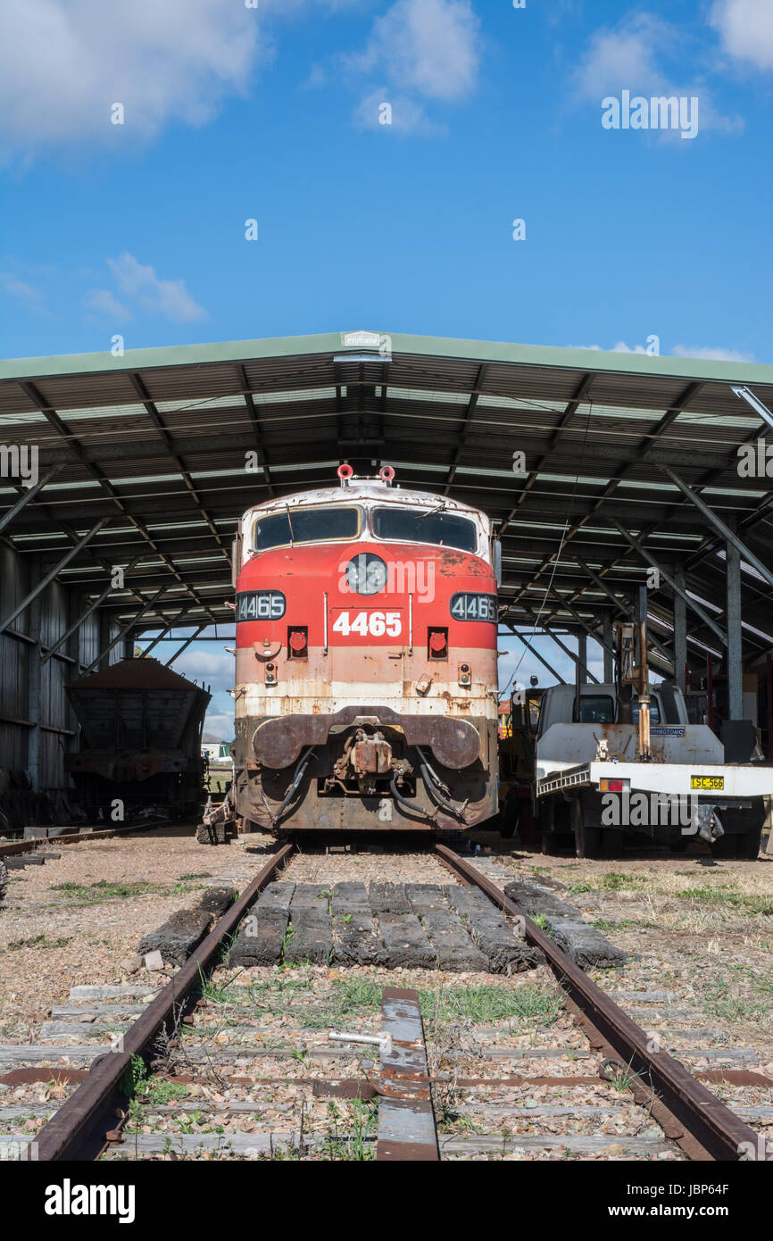 Old Diesel Locomotive in Railway Workshop Shed at Werris Creek NSW Australia. Stock Photo