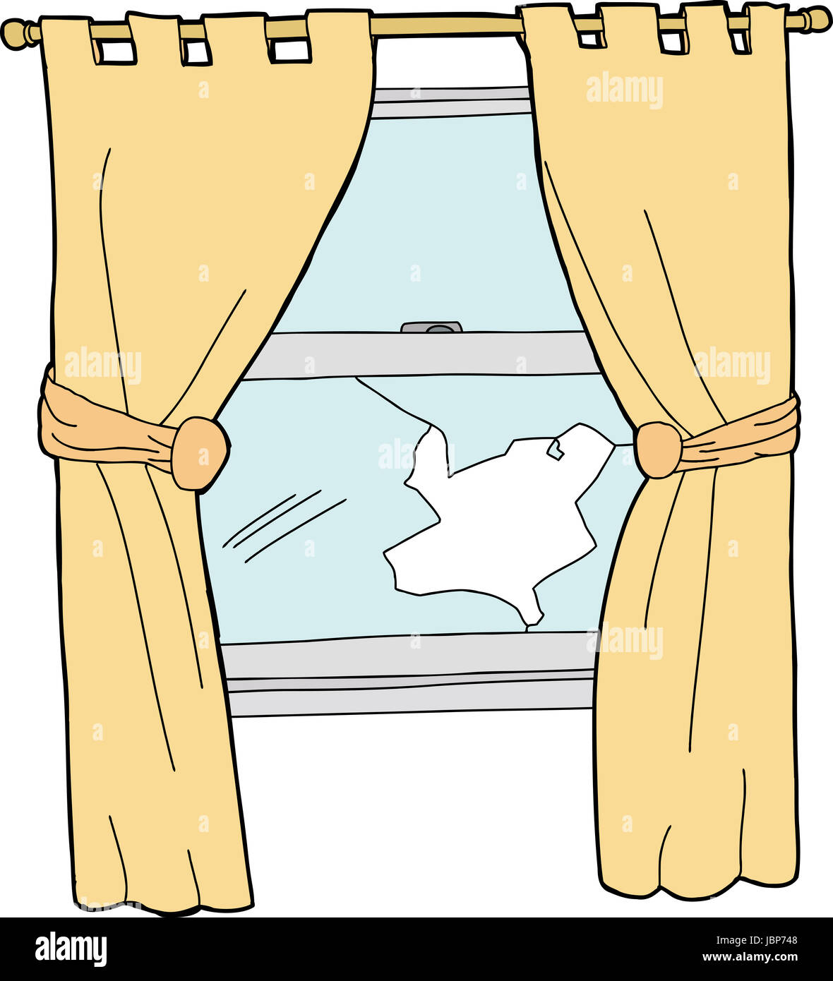 Broken glass window with yellow curtains cartoon Stock Photo - Alamy