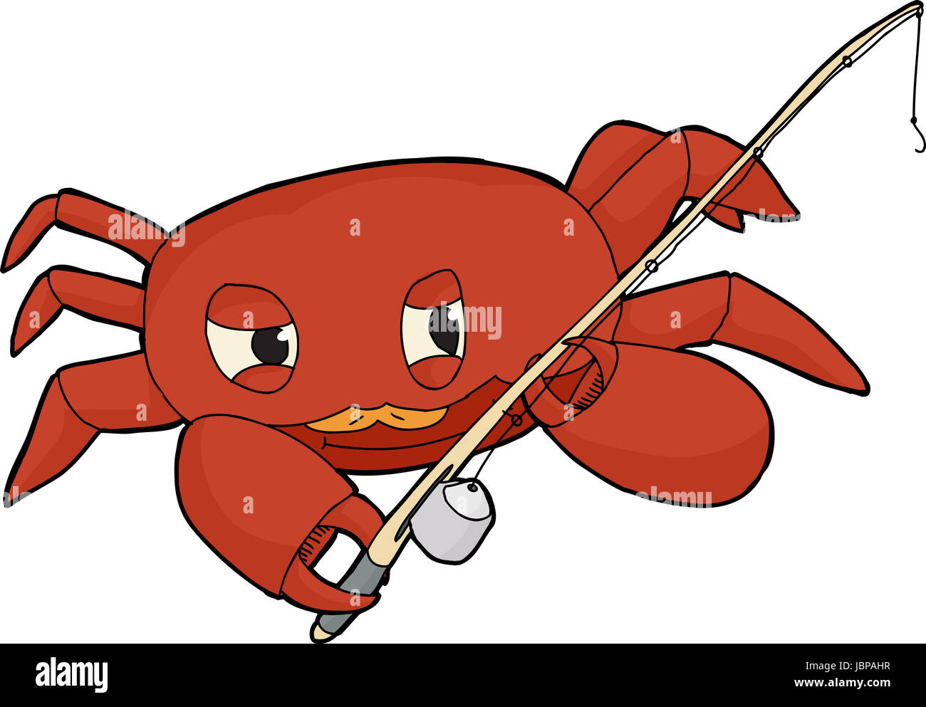 Cartoon crab holding fishing pole on isolated background Stock