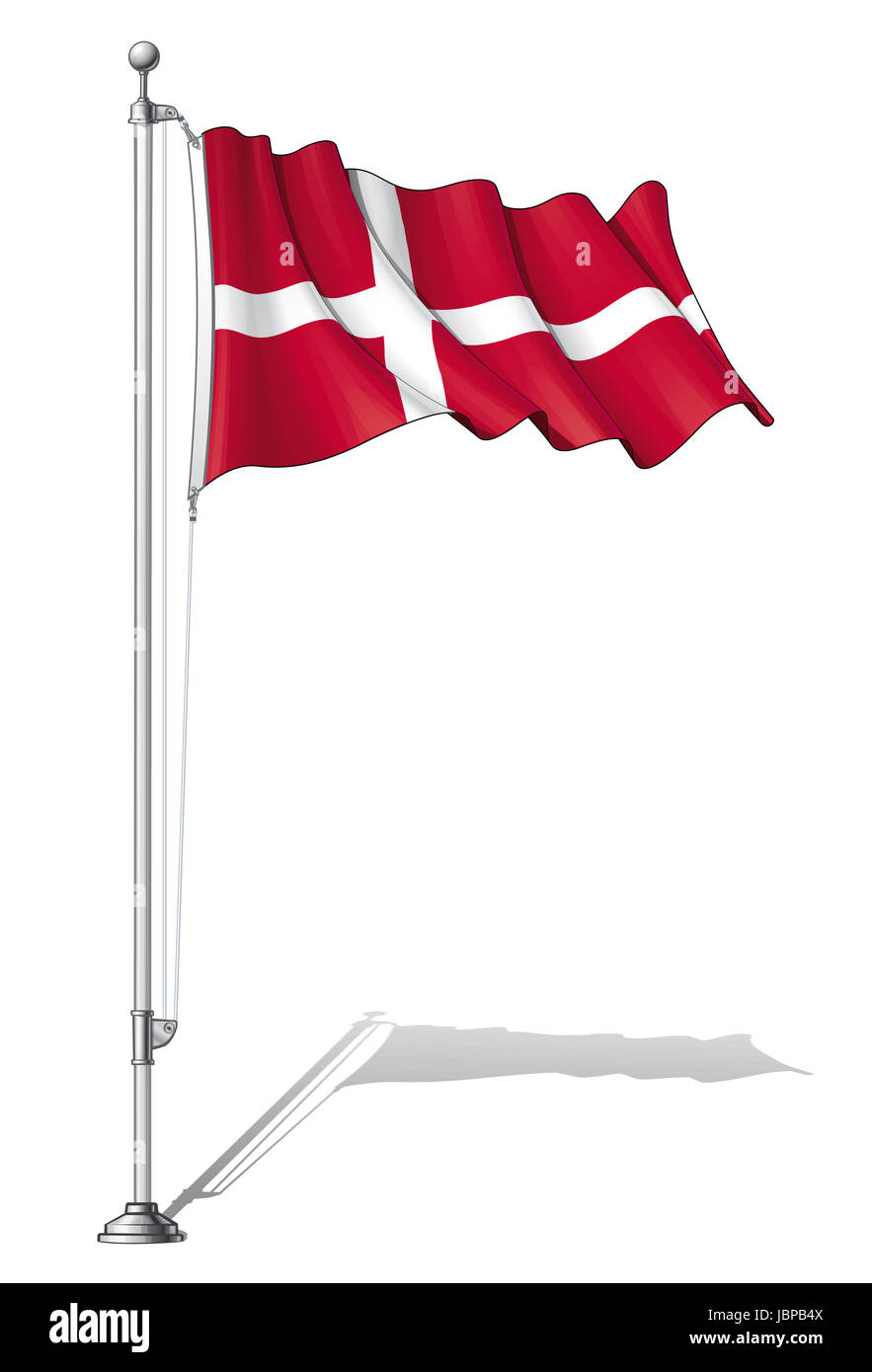 Vector Illustration of a waving Danish flag fasten on a flag pole. Flag and pole in separate layers, line art, shading and color neatly in groups for easy editing. Stock Photo