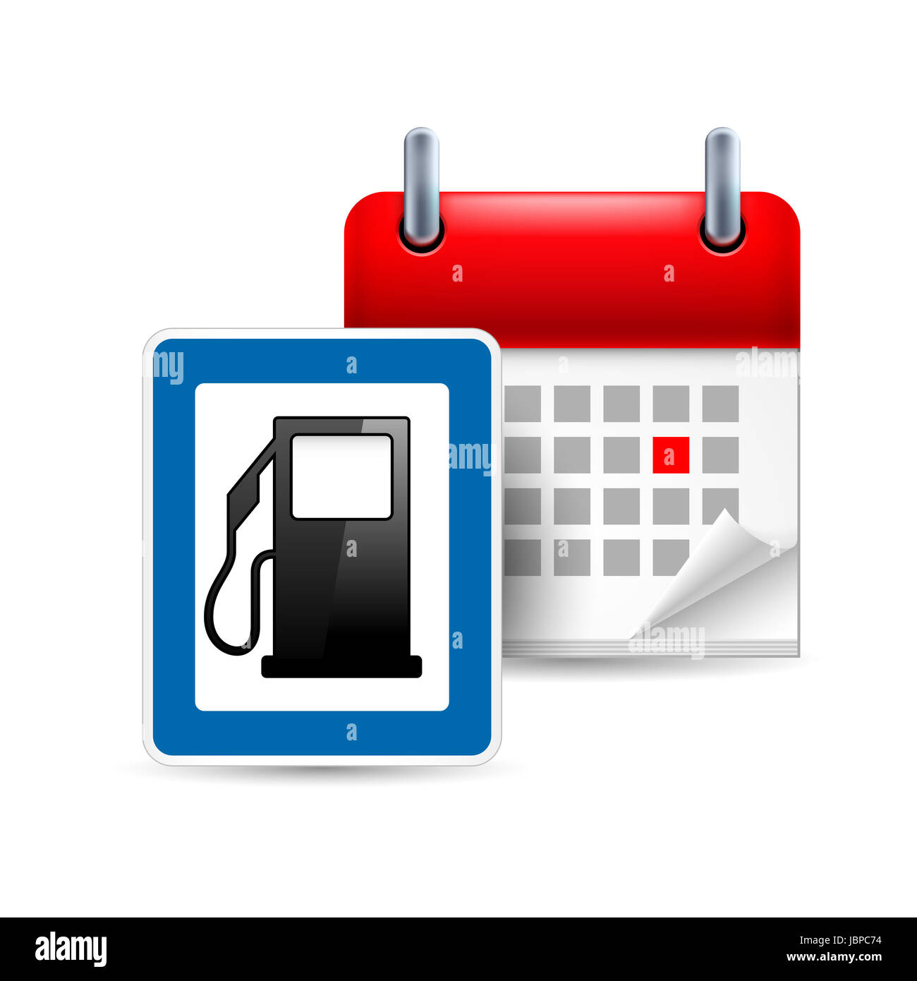 Page calendar with a marked red-letter day of the week. Near to gas station. Stock Photo