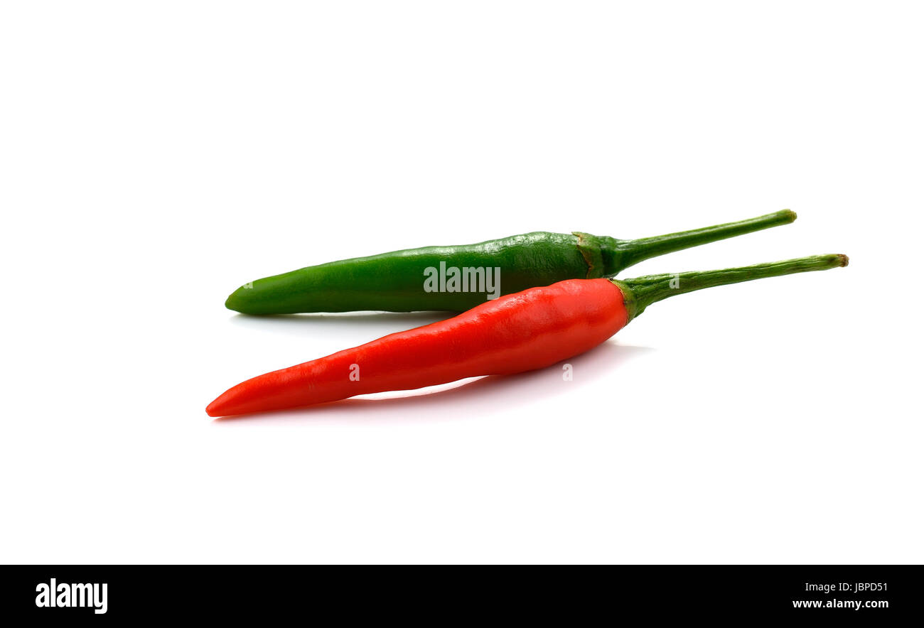 Hot red and green chili or chilli pepper isolated on white background