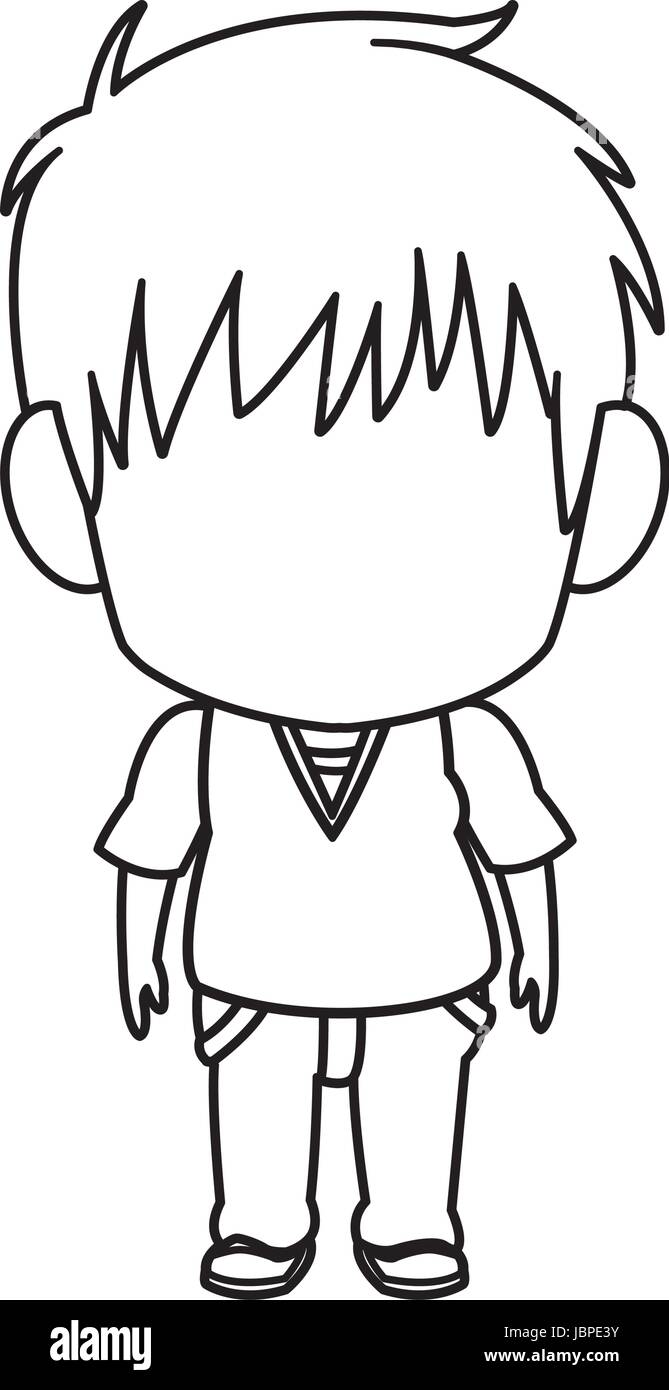 outlined little boy anime hair style stand vector illustration
