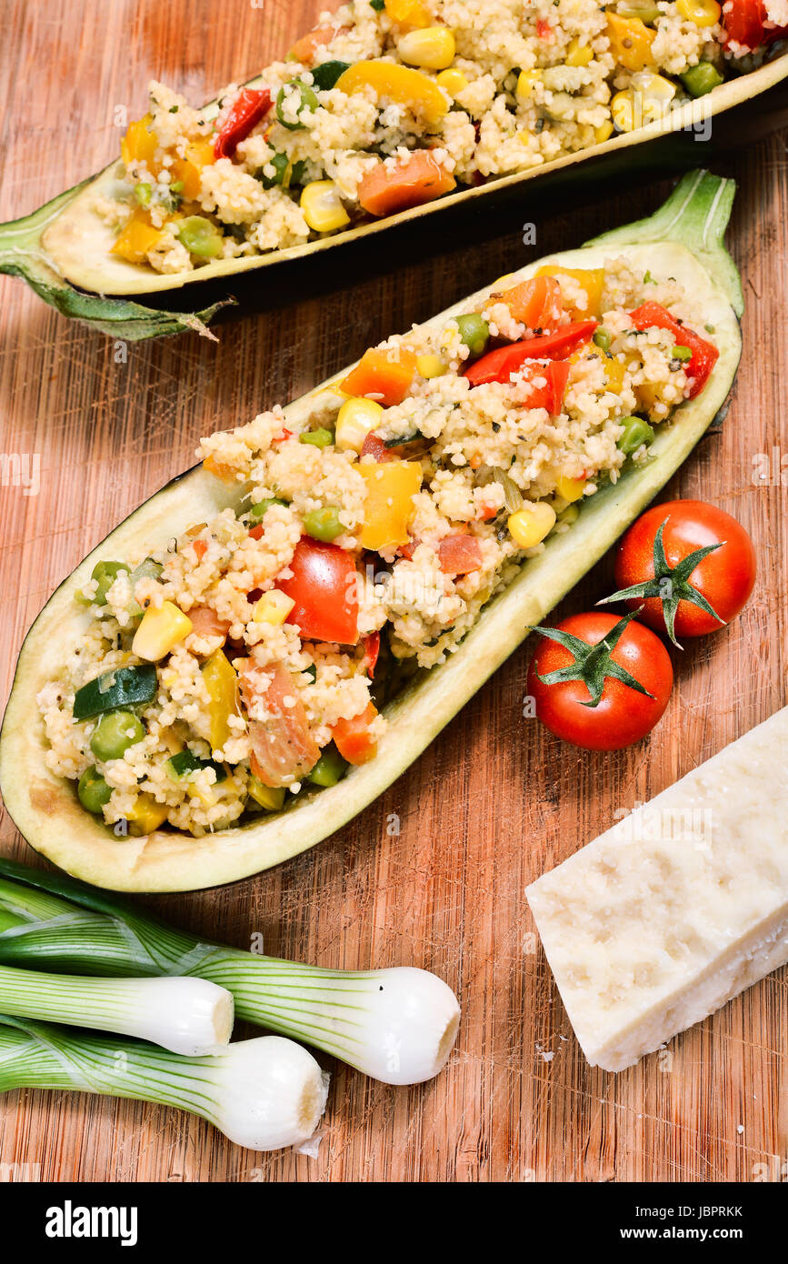 couscous with vegetables inside a hollowed eggplant Stock Photo