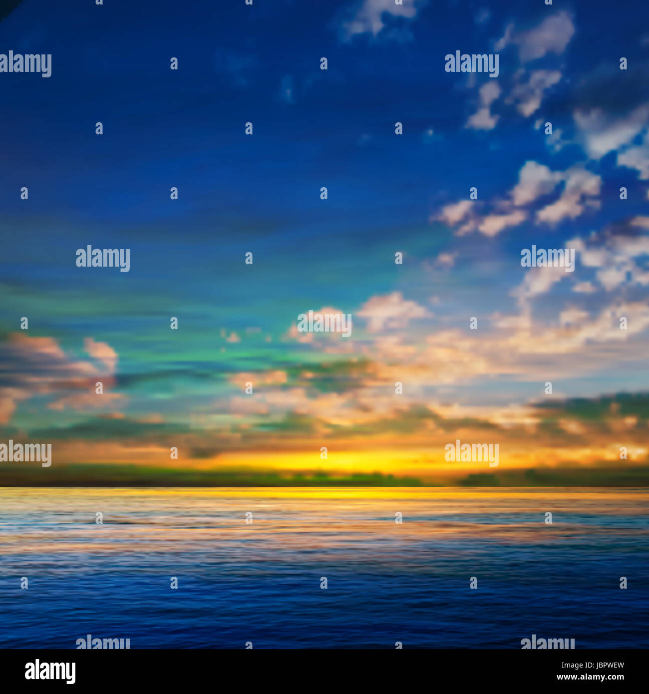 abstract blue nature background with clouds and golden sea sunrise