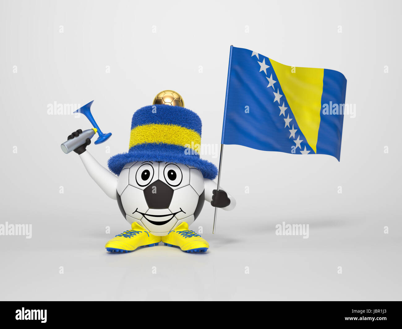 A cute and funny soccer character holding the national flag of Bosnia and a horn dressed in the colors of Bosnia on bright background supporting his team Stock Photo