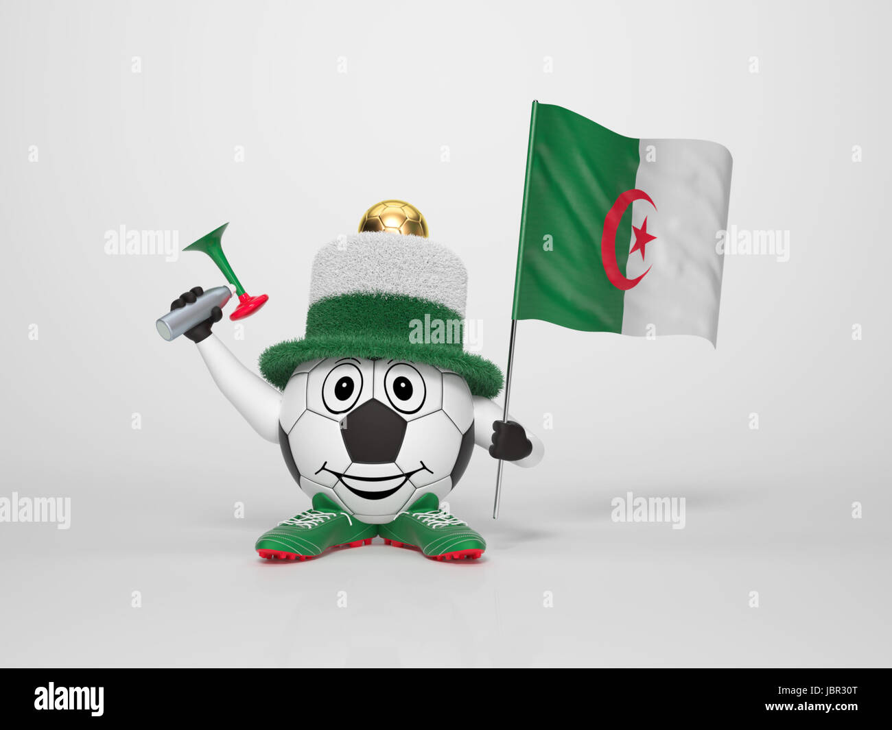 A cute and funny soccer character holding the national flag of Algeria and a horn dressed in the colors of Algeria on bright background supporting his team Stock Photo
