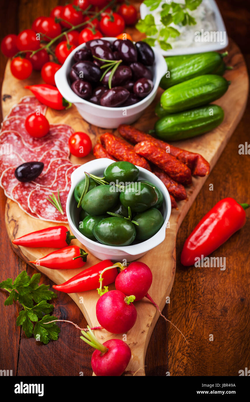 Raw vegetables, yogurt dip and antipasti Stock Photo Alamy