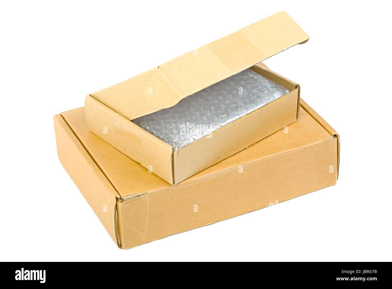 Open cardboard box on white background Stock Photo