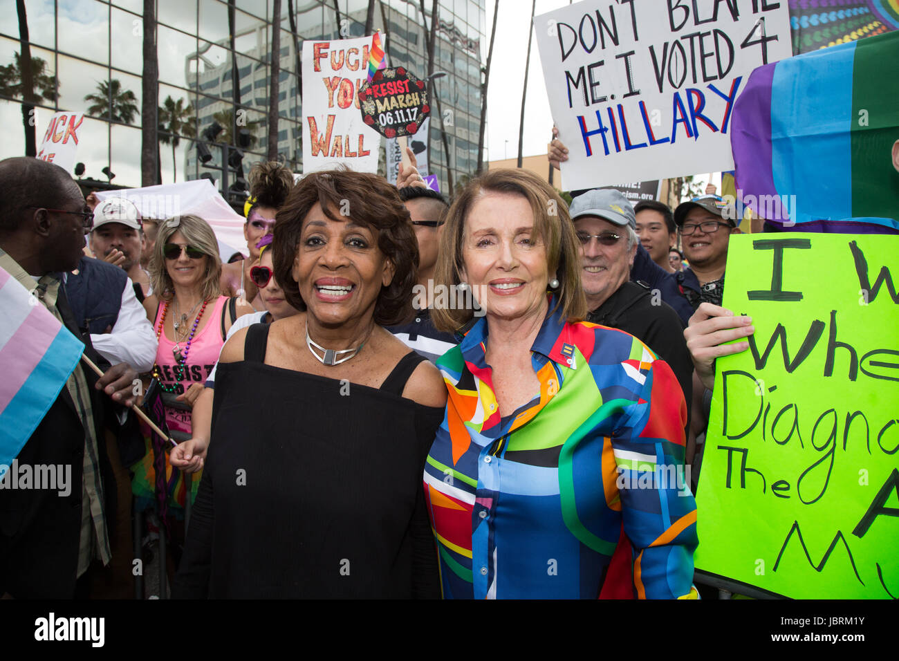 Los Angeles, California, USA. 11th June, 2017.  U.S. Congresswoman Maxine Waters and U.S. House Democratic Leader Nancy Pelosi at the LA Pride #ResistMarch in Los Angeles, California on June 11th, 2017. Credit:  Sheri Determan/Alamy Live News Stock Photo