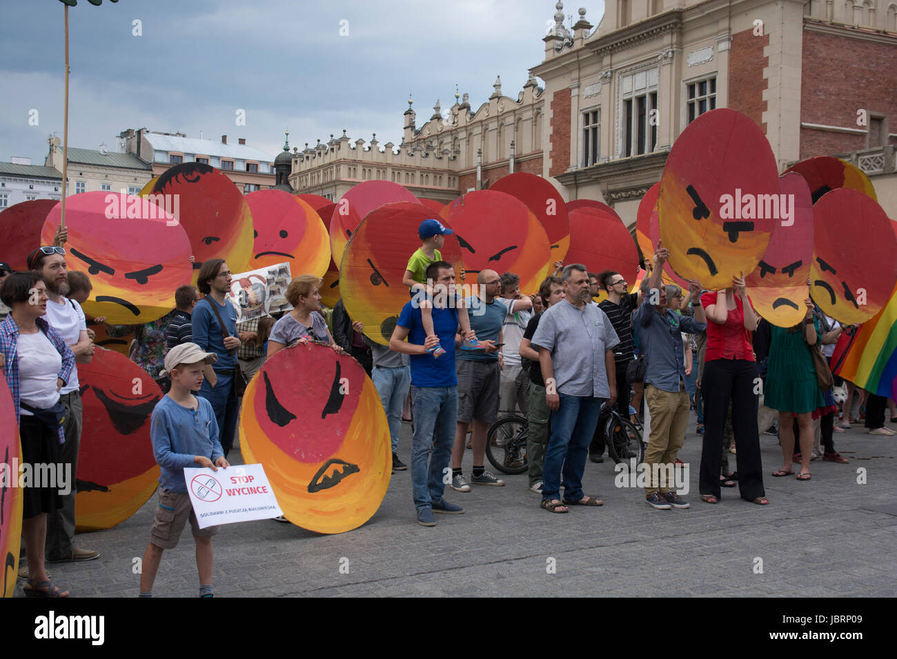 Cracow, Poland. 12th Jun, 2017. Protest against the large scale logging at Bialowieza forest, an Unesco natural world heritage site in Cracow, Poland on June 12, 2017.The Minister of the Environment Jan Szyszko believes that cutting down trees will help prevent the spread of European spruce bark beetle, while scientists, ecologists and Poles are afraid of degrading habitats of many animal species and losing their national heritage. Credit: Iwona Fijoł/Alamy Live News Stock Photo