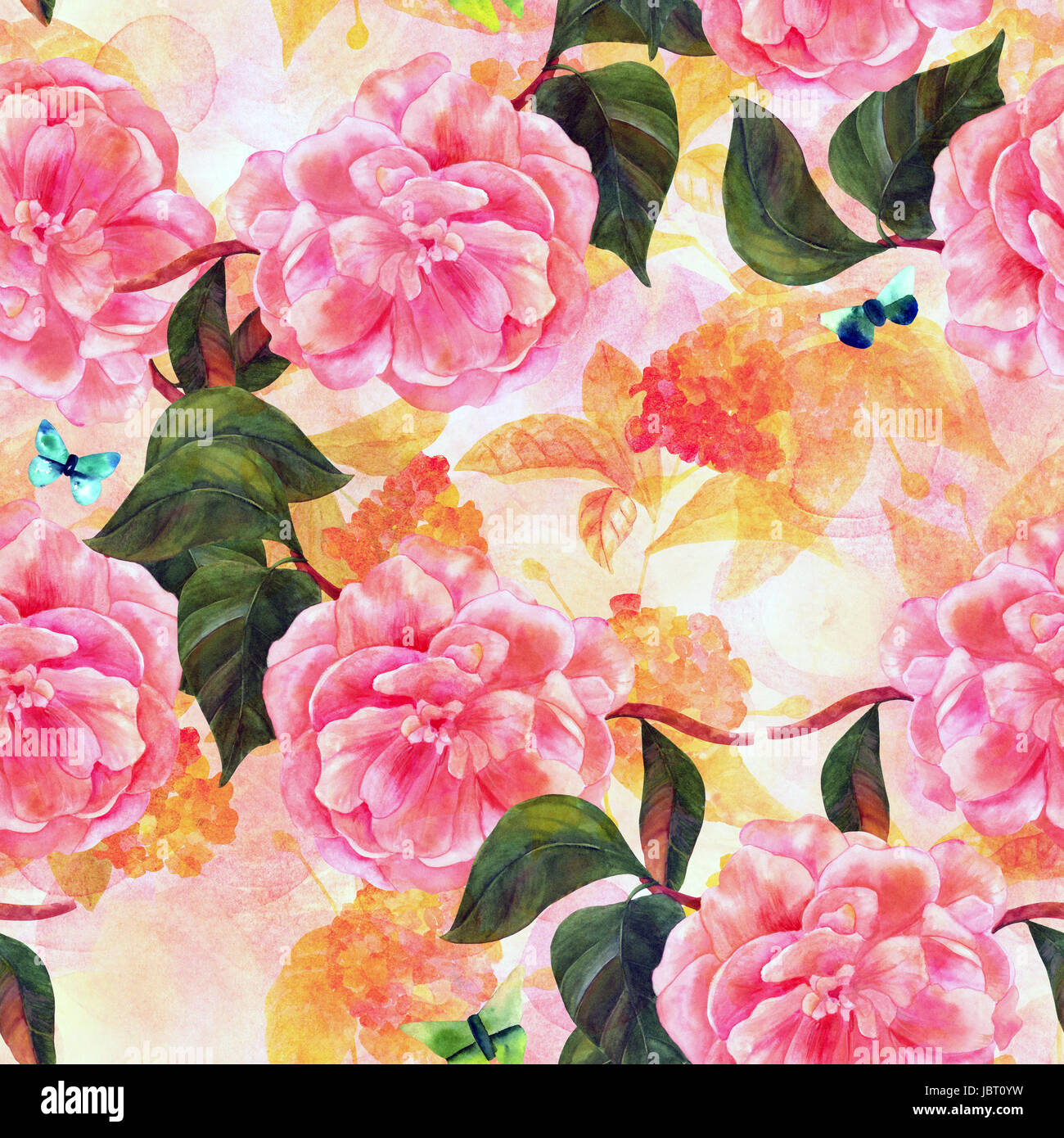 Seamless pattern, watercolor flowers and butterflies, golden and Stock ...