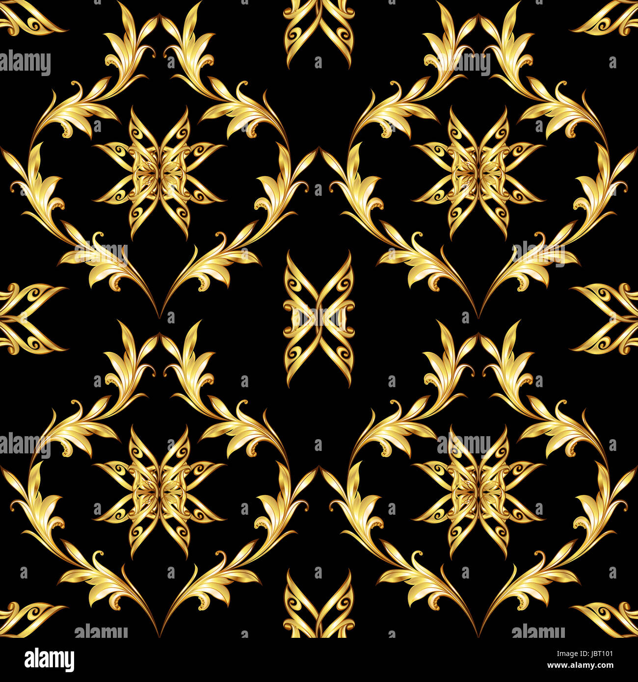 Seamless pattern with golden floral elements on black background Stock ...