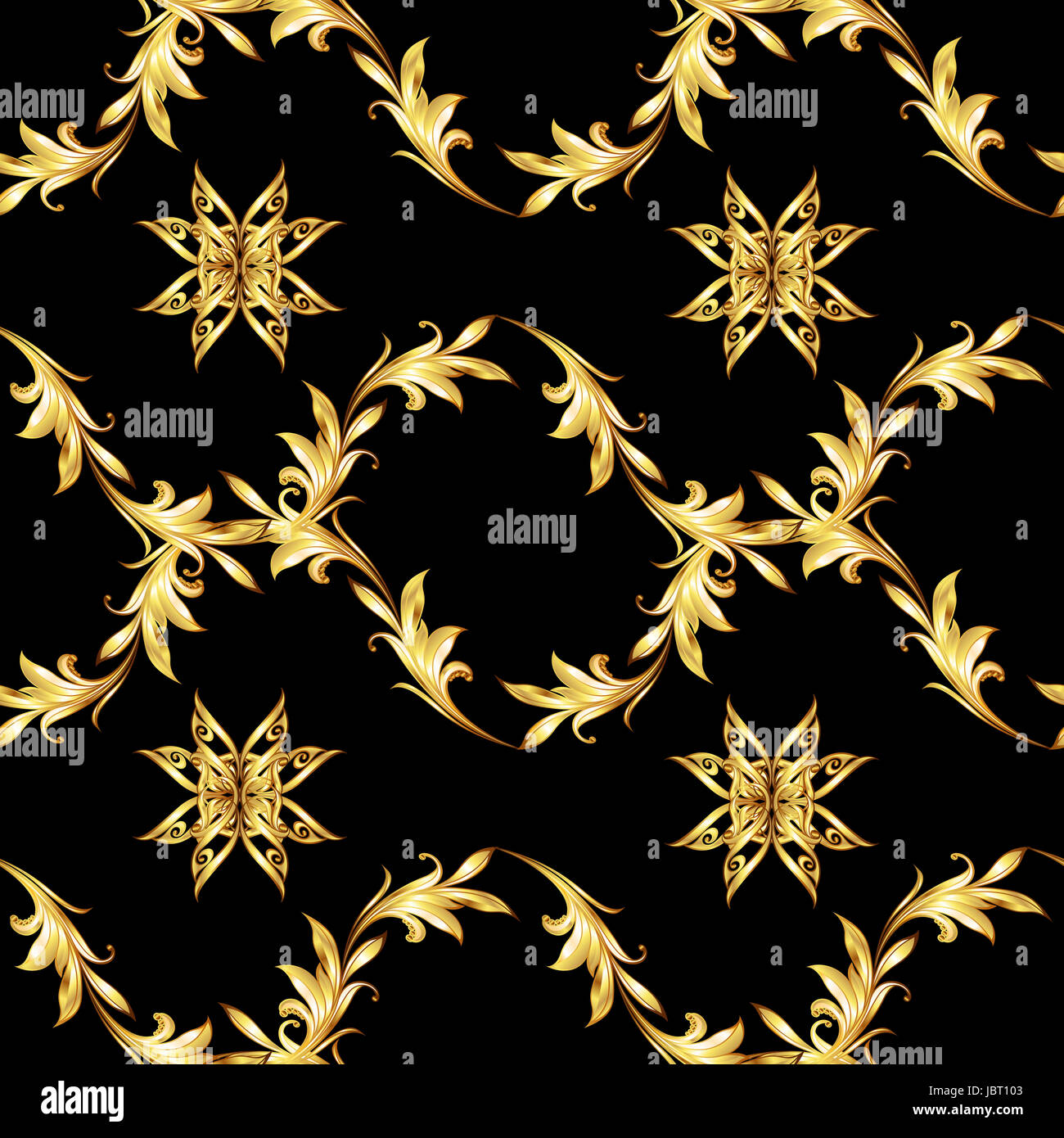 Seamless pattern with gold floral elements on black background Stock ...
